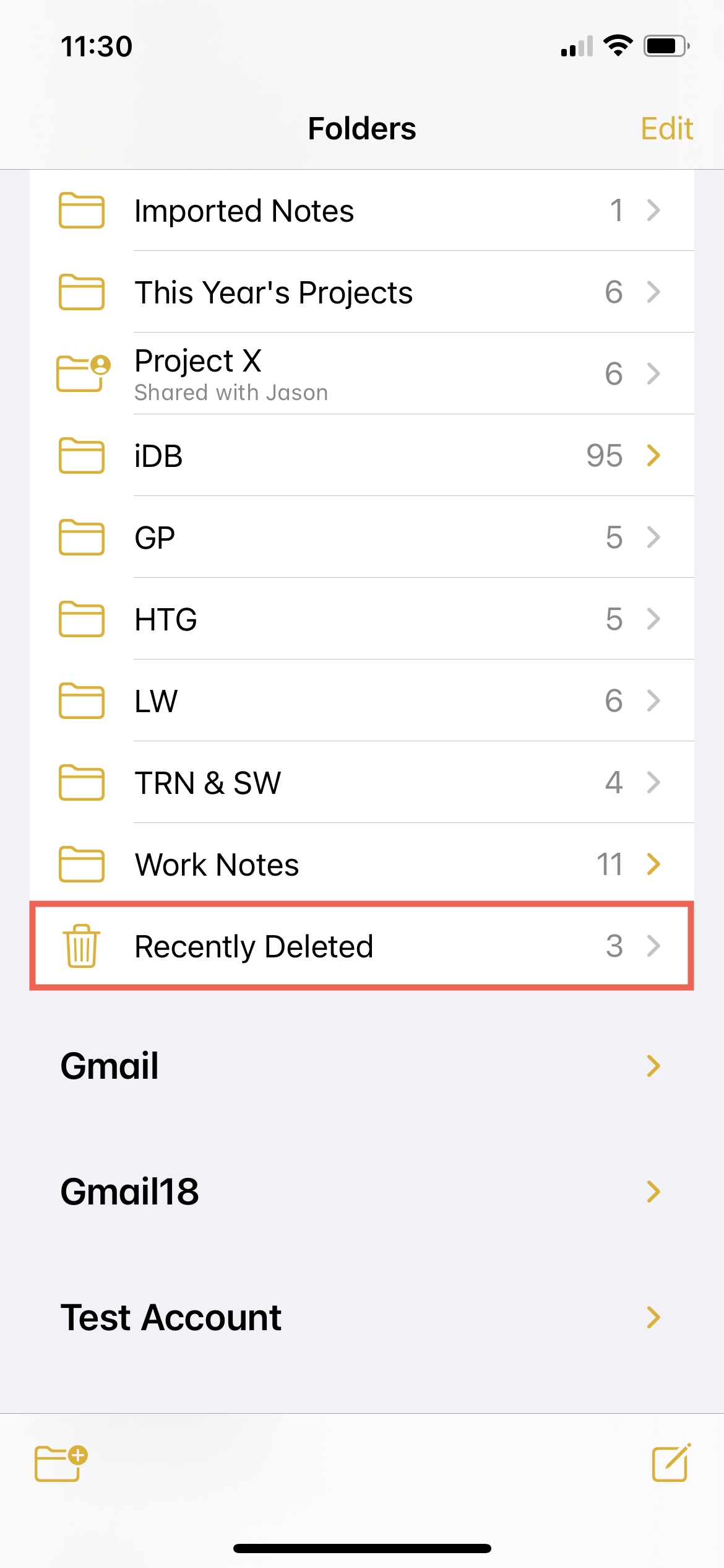 Recently Deleted Folder Notes