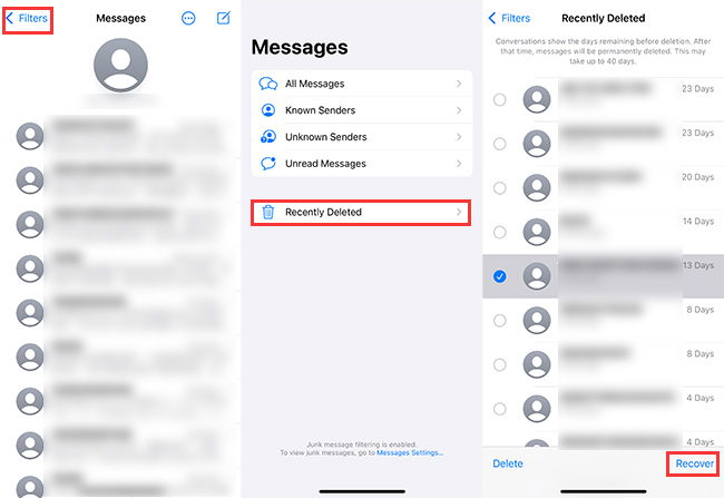retrieve iPhone text messages from Recently Deleted"
