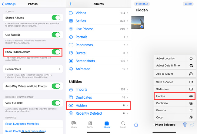 find videos from Hidden Albums on iPhone
