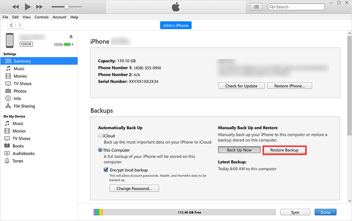 locate and select your iPhone in iTunes