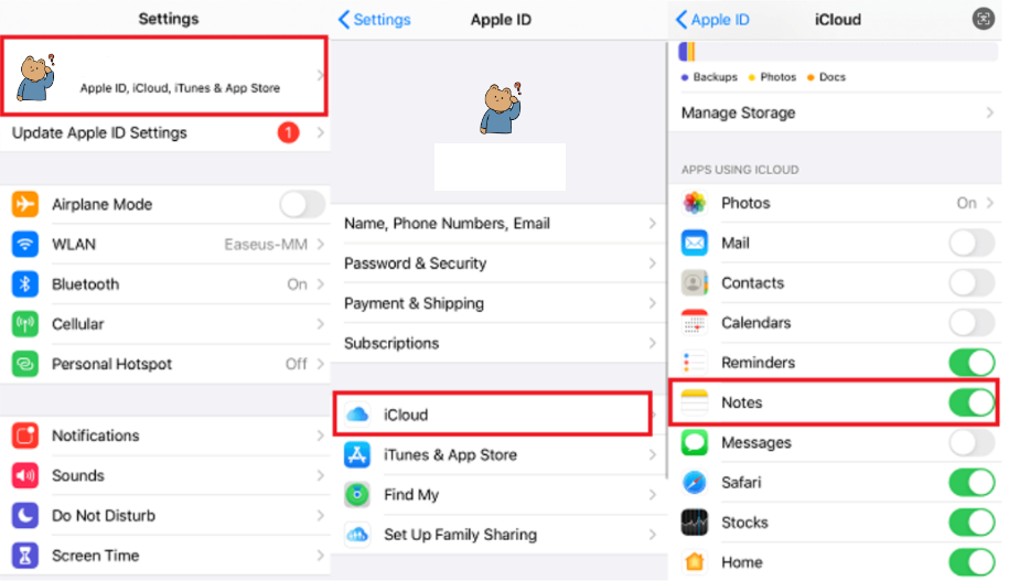 toggled on notes using icloud