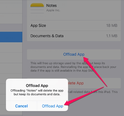 offload notes on iphone
