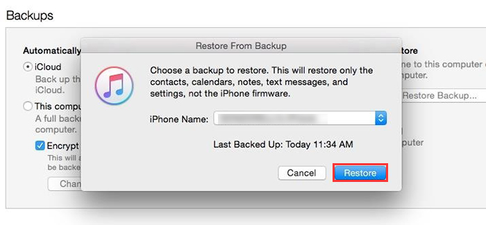 restore backup in iTunes