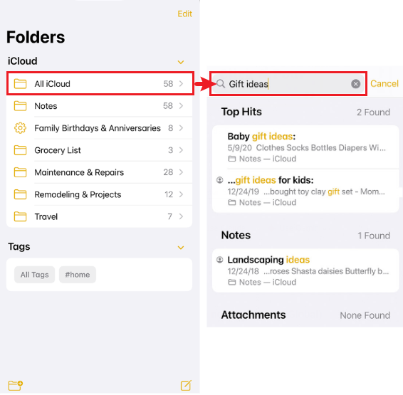 search disappeared note on iphone
