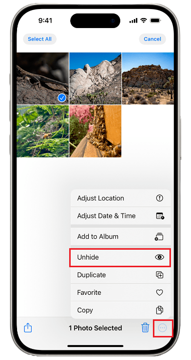 unhide photos on iphone