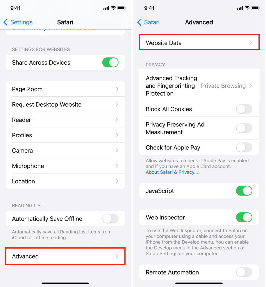 view website data on safari