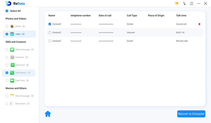 ReData preview and select call history