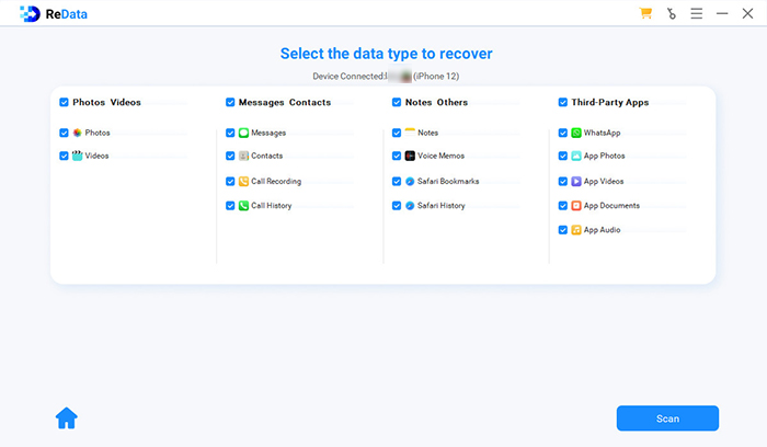 ReData Select the data type to recover